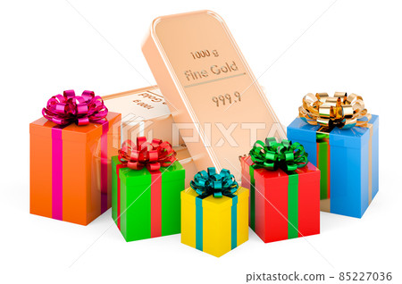 Gold ingots with gift boxes, 3D rendering 85227036