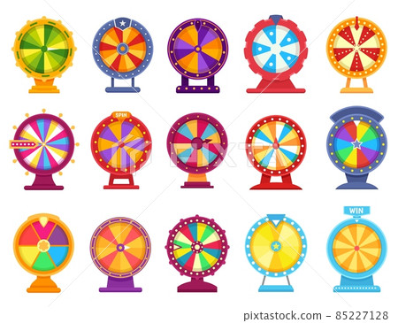 Fortune wheels, lucky spinning roulette, casino spin game. Colorful prize wheel, lottery prize roulettes games, money gambling flat vector set 85227128