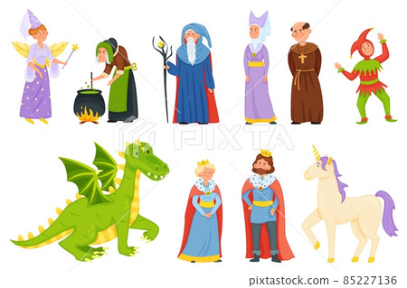 Cartoon medieval fairytale characters, magic unicorn and dragon. Fantasy fairy tale witch and magician, princess, king and queen vector set 85227136