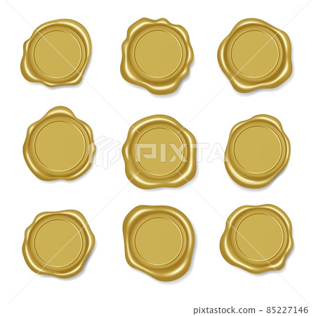 Golden wax seal, premium gold envelope stamp. Realistic royal letter seals, vintage certificate label, wax medallion guarantee stamps vector set 85227146