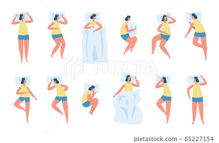 Woman sleeping poses, character lying in bed in various sleep positions. Tired girl sleep under blanket, resting head on pillow vector set 85227154