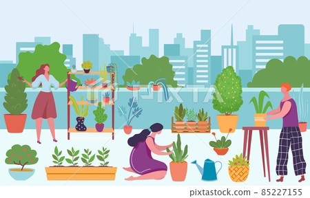Urban gardening, people growing and watering plants outside 85227155