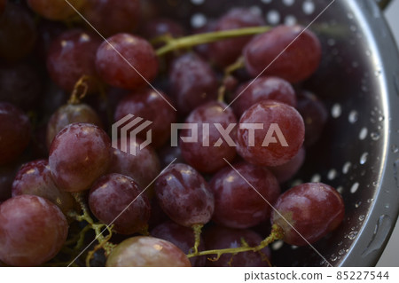 Freshly washed red grapes in a colander Freshly washed red grapes in a colander 85227544