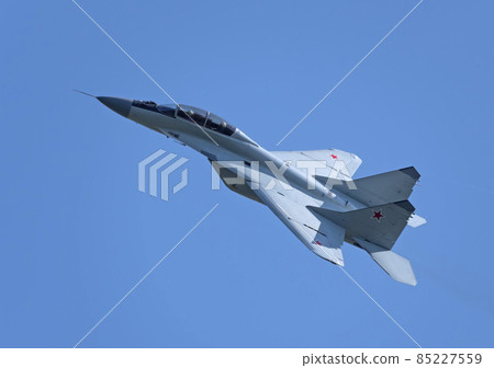 Moscow Russia Zhukovsky Airfield 25 July 2021: aerobatic MiG-35 perfoming demonstration flight of the international aerospace salon MAKS-2021 Moscow Russia Zhukovsky Airfield 25 July 2021: aerobatic MiG-35 perfoming demonstration flight of the international aerospace salon MAKS-2021 85227559