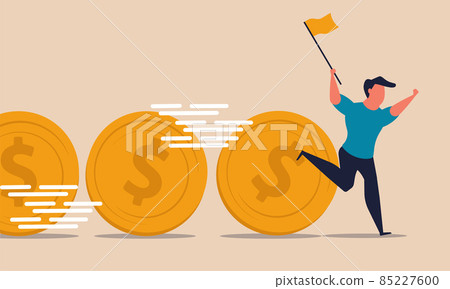 Cash flow and fund on loan to the bank money business. Fundraising financial coins and refinancing investments people. Man fast run with coin with flag vector illustration. Earn commission income 85227600