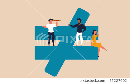 Social injustice and inequality of people in society. Prejudice and compare respect capitalism vector illustration. People sit on the sign of different genders and nations. Fairness and stop racism 85227602