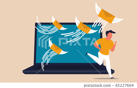Junk email in a laptop. Anxiety and miscommunication of a man running from a office computer vector concept illustration. Digital business mail overload. People attack envelope file correspondence Junk email in a laptop. Anxiety and miscommunication of a man running from a office computer vector concept illustration. Digital business mail overload. People attack envelope file correspondence 85227604