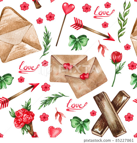 Watercolor seamless pattern of love elements, hearts, letters, arrow, buntings. Valentines seamless backgrouns for prints on fabric, paper, clothes. 85227861