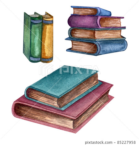 Watercolor set with old books. Original hand drawn illustration of old school books . School design. ClipArt elements. Watercolor set with old books. Original hand drawn illustration of old school books . School design. ClipArt elements. 85227958