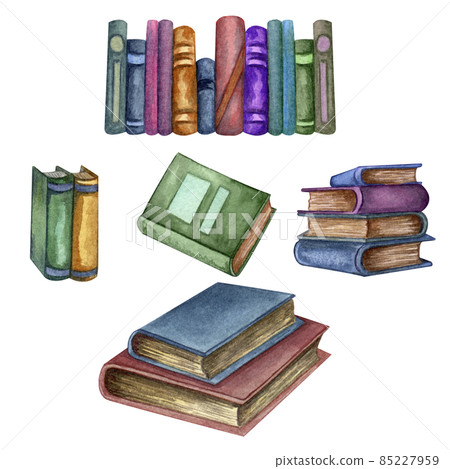 Watercolor set with old books. Original hand drawn illustration of old school books . School design. ClipArt elements. Watercolor set with old books. Original hand drawn illustration of old school books . School design. ClipArt elements. 85227959
