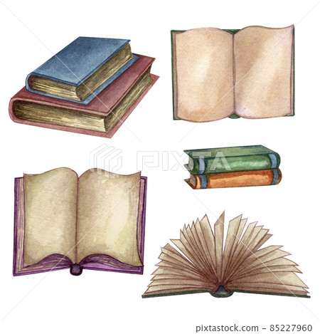 Watercolor set with old books. Original hand drawn illustration of old school books . School design. ClipArt elements. Watercolor set with old books. Original hand drawn illustration of old school books . School design. ClipArt elements. 85227960