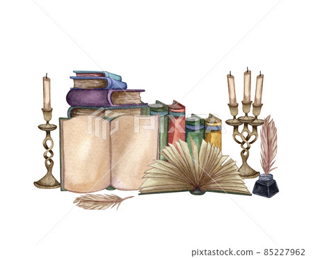 Hand Drawn watercolor illustration a pile of old books, ink bottle, ink feather, floral open book, rare paper, candles. Antique objects. Hand Drawn watercolor illustration a pile of old books, ink bottle, ink feather, floral open book, rare paper, candles. Antique objects. 85227962