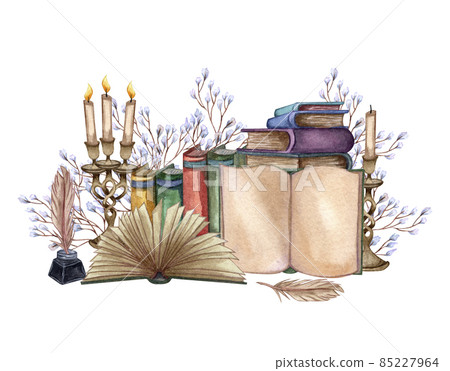 Hand Drawn watercolor illustration a pile of old books, ink bottle, ink feather, floral twig, open book, rare paper, candles. Old and rare books 85227964