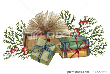Watercolor Gift boxes and a pile of old books with a bow. Antique objects. Christmas. Hand drawn Holiday illustration. Watercolor Gift boxes and a pile of old books with a bow. Antique objects. Christmas. Hand drawn Holiday illustration. 85227965