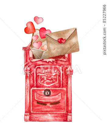Watercolor vintage mail box with hearts and Love letters. Valentines day illustration. Love concept Watercolor vintage mail box with hearts and Love letters. Valentines day illustration. Love concept 85227966