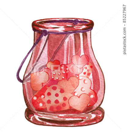 Watercolor glass jar with hearts. Valentines day illustration. Love concept 85227967