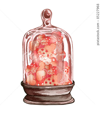 Watercolor glass jar with hearts. Valentines day illustration. Love concept 85227968