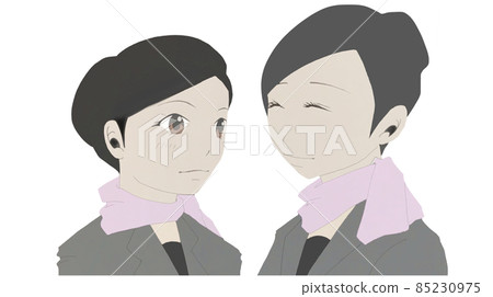 Illustration of a nervous new employee and a senior smiling gently Illustration of a nervous new employee and a senior smiling gently 85230975