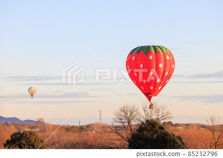 一個紅草莓圖案的熱氣球在日出中飛翔 一個紅草莓圖案的熱氣球在日出中飛翔 85232796