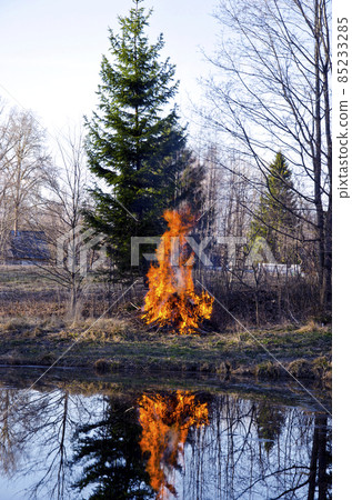 early spring fire in the farm early spring fire in the farm 85233285