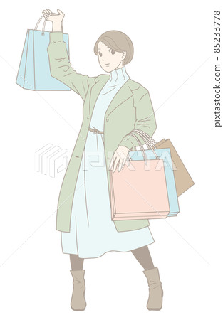 一個女人拿著大量購物袋購物的插圖(柔和的顏色)) 一個女人拿著大量購物袋購物的插圖(柔和的顏色)) 85233778