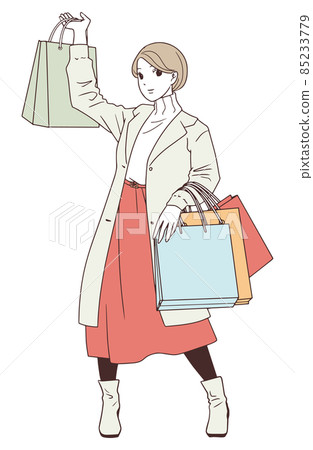 Illustration of a woman holding a large number of shopping bags in shopping 85233779