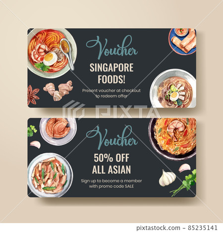 Voucher template with Singapore cuisine concept,watercolor style 85235141