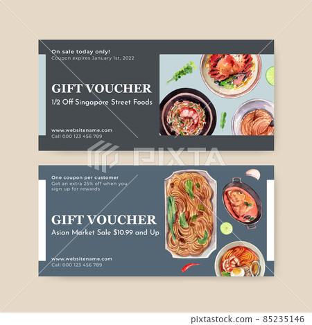 Voucher template with Singapore cuisine concept,watercolor style 85235146