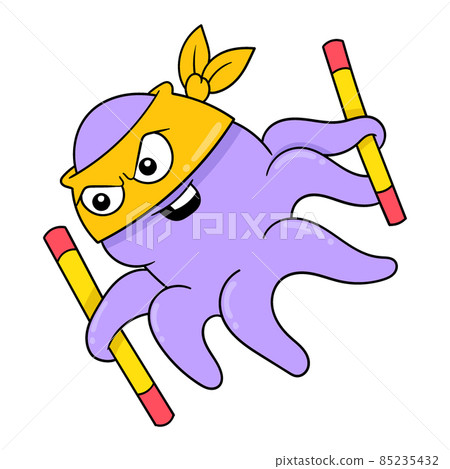 octopus in martial arts style carrying a stick weapon, doodle icon image kawaii 85235432
