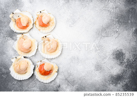 Seafood. Shellfish. Raw scallops with lemon, on gray stone table background, top view flat lay, with copy space for text Seafood. Shellfish. Raw scallops with lemon, on gray stone table background, top view flat lay, with copy space for text 85235539