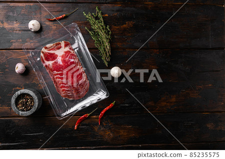 Vacuum packed cured coppa ham , on old dark wooden table background, top view flat lay, with copy space for text Vacuum packed cured coppa ham , on old dark wooden table background, top view flat lay, with copy space for text 85235575