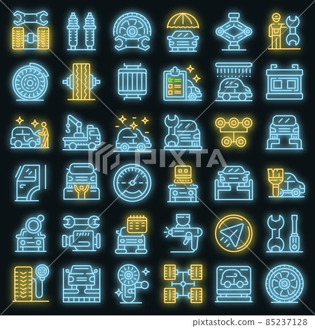 Tire fitting icons set vector neon Tire fitting icons set vector neon 85237128