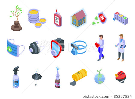 Active protection icons set isometric vector. Fire coding 85237824