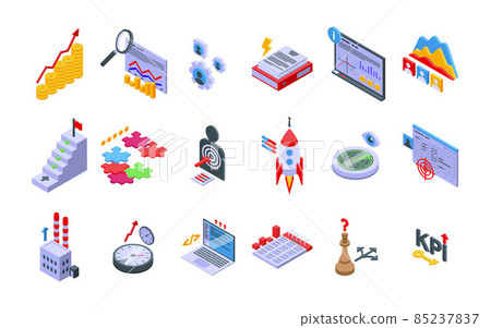 Performance management icons set isometric vector. Hypothesis stydy 85237837