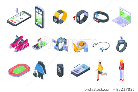 Runner app icons set isometric vector. Chart activity 85237855