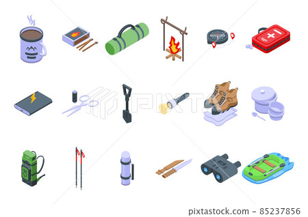 Expedition icons set isometric vector. Hiker adventure 85237856