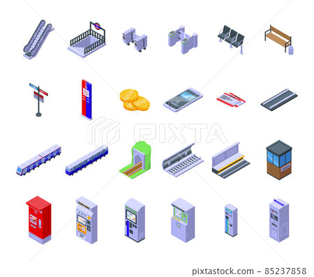 Subway ticket machine icons set isometric vector. Vending atm Subway ticket machine icons set isometric vector. Vending atm 85237858