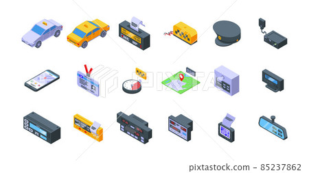 Taximeter icons set isometric vector. Auto trip 85237862
