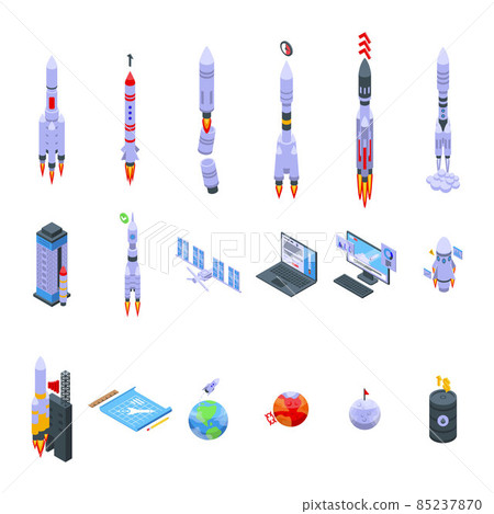 Spacecraft launch icons set isometric vector. Rocket ship 85237870