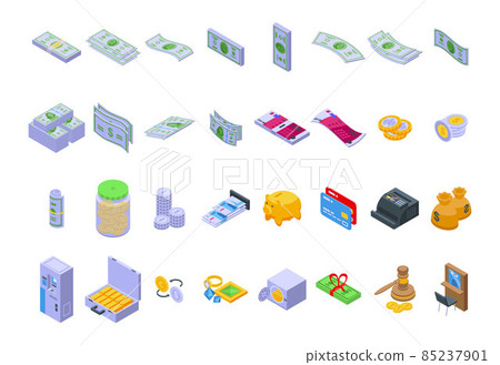 Bank cash icons set isometric vector. Dollar money Bank cash icons set isometric vector. Dollar money 85237901