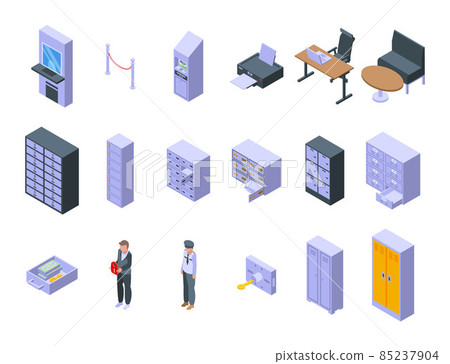 Deposit room icons set isometric vector. Money box 85237904