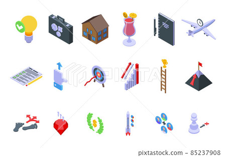 Realization icons set isometric vector. Dream self victory Realization icons set isometric vector. Dream self victory 85237908
