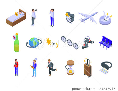 Jet lag icons set, isometric style 85237917