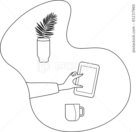 The hand is holding a smartphone. Black and white illustration in simple style or hand drawing. A vase of flowers, a cup of coffee. Technique of the present. The hand is holding a smartphone. Black and white illustration in simple style or hand drawing. A vase of flowers, a cup of coffee. Technique of the present. 85237960