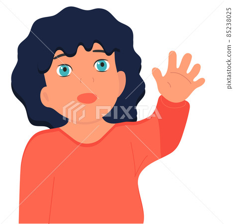Little girl smiles and waves her hand. Good mood. Vector flat white background. Little girl smiles and waves her hand. Good mood. Vector flat white background. 85238025