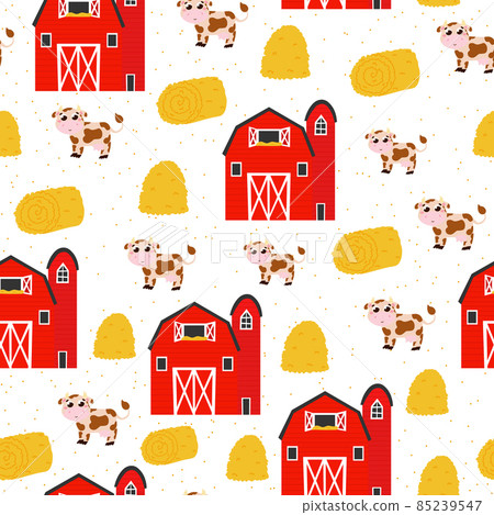 Farm barn and animals seamless pattern with haystacks and cows in cartoon style, ideal ornament for beddings, posters Farm barn and animals seamless pattern with haystacks and cows in cartoon style, ideal ornament for beddings, posters 85239547
