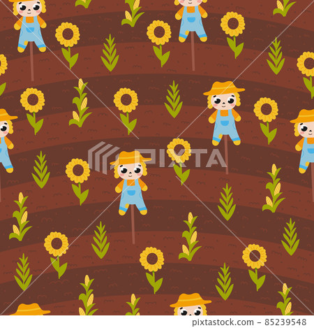 Fram harvest of corn and sunflower with scarecrow seamless pattern in cartoon style for kitchen design or wallpaper Fram harvest of corn and sunflower with scarecrow seamless pattern in cartoon style for kitchen design or wallpaper 85239548