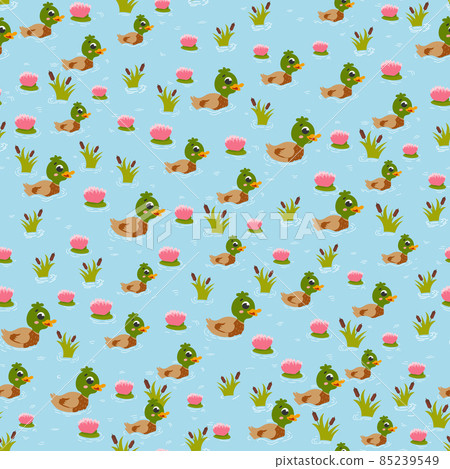Duck swimming in pond or lake with water lily and reeds, colorful seamless pattern for background of farm life Duck swimming in pond or lake with water lily and reeds, colorful seamless pattern for background of farm life 85239549