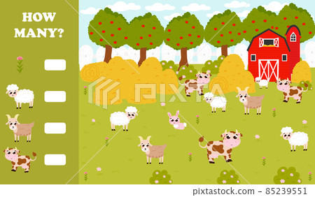 Counting game for kids with farm animals - sheeps and cows, goats and flowers, barn and haystacks in cartoon style Counting game for kids with farm animals - sheeps and cows, goats and flowers, barn and haystacks in cartoon style 85239551