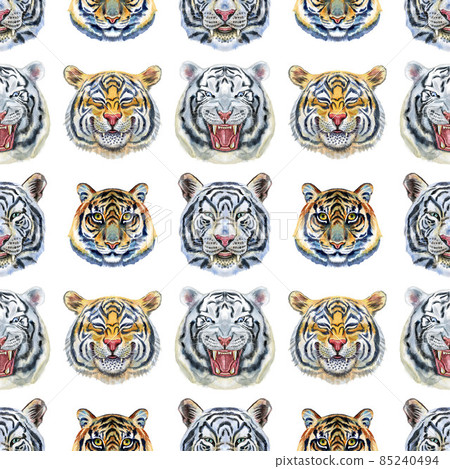 Seamless pattern with the image of a tiger's face. Decor for decoration of textiles or wallpaper. 85240494